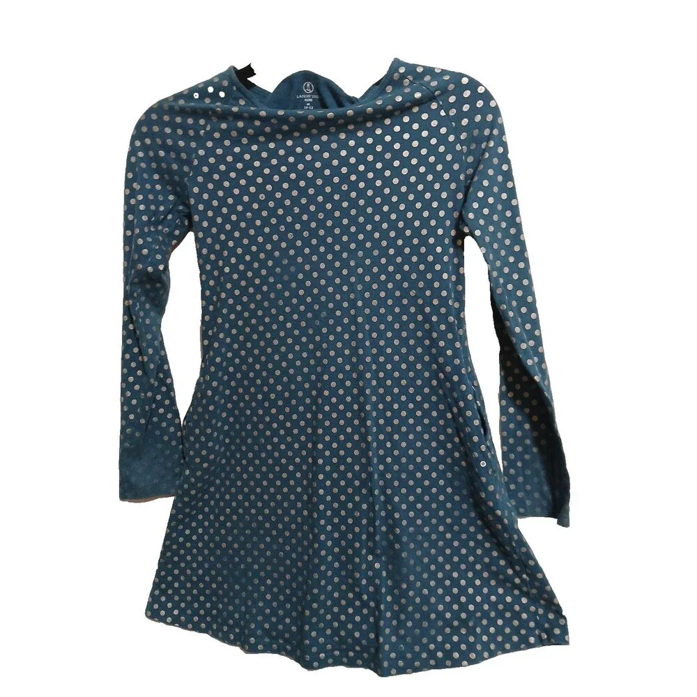 Girls LANDS END TURQUOISE BLUE SILVER POLKA DOT Long Sleeve DRESS Size M 10-12